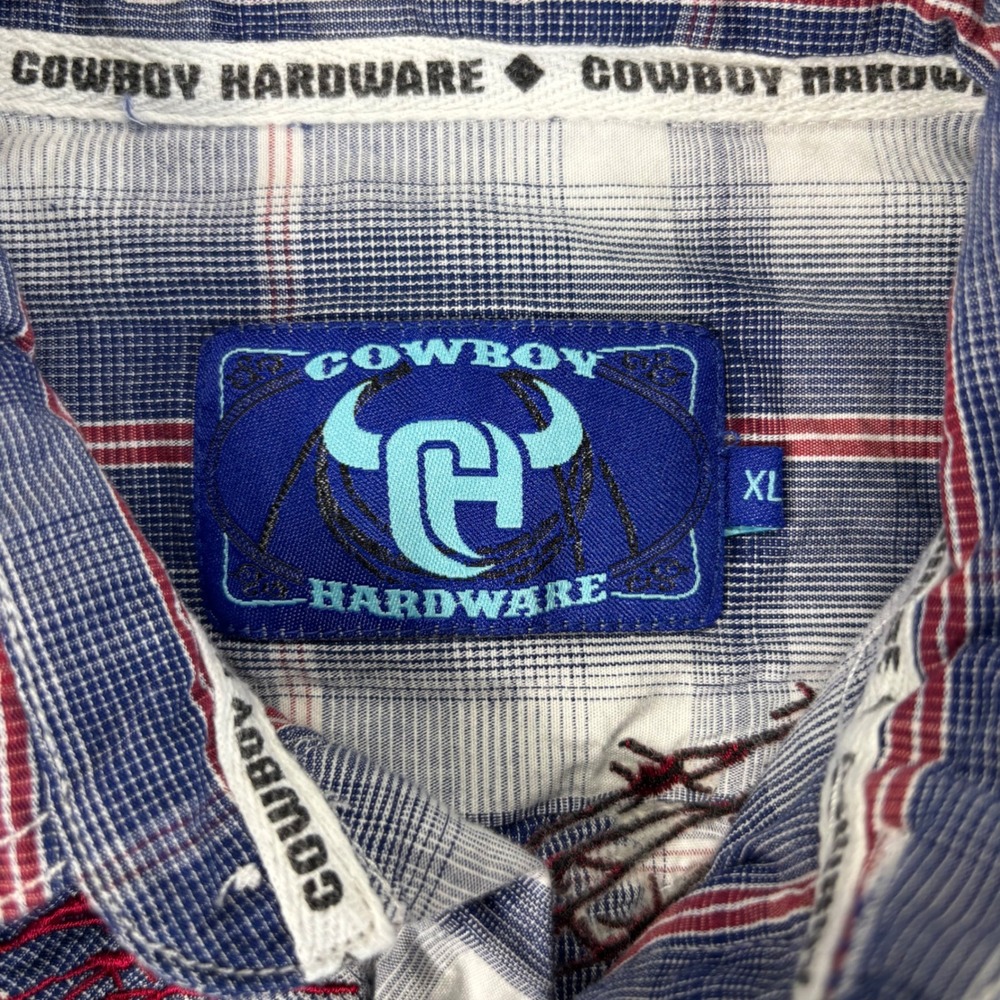 Cowboy Hardware Western Snap Shirt Women XL Blue Plaid Barbed Wire Embroidered - Picture 3 of 7
